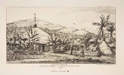 Ny-Caledonia: Stor innfødt hytte på veien fra Balade til Puebo, 1845, fra «Reisen til New Zealand (1842-46)»