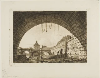 Pont-Neuf og Samaritaine sett fra under den første buen til Pont-au-Change, Paris