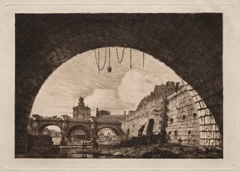 Den nye broen og Samaritaine sett fra under den første buen..., 1855.