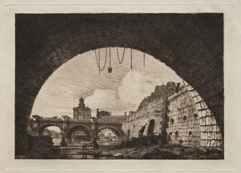 Den nye broen og Samaritaine sett fra under First Arch of Exchange Bridge, Paris