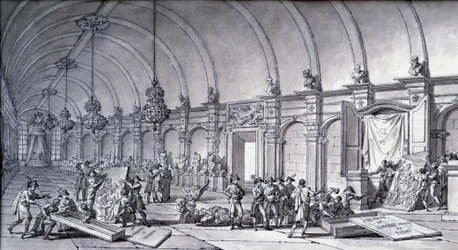Plyndring av kunstverk under Napoleon Bonaparte: "Madonnaen av Correge (Antonio Correggio) ble tatt fra akademiet i Parma og overlevert til de franske kuratorene i mai 1796". Tegning med kinesisk blekk av Charles Meynier (1768-1832). Dim. 0,17x0,32 m