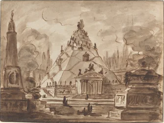 Arkitektonisk fantasi med et pyramideformet mausoleum