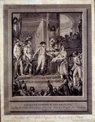 Napoleon distribuerer stjernene i Legion of Honor til Invalides 26 messsidor an XII. Gravering av Charles Monnet (1732 - Ap 1808)