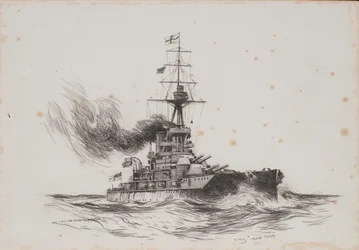 Det britiske skipet Iron Duke. Tegning (25,5x36,8 cm) av Charles M. Padday (), tidlig på 1900-tallet.