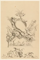 Design for Cartouche with Crown, Two Putti Serving Bacchus og Two Lions fra "Cartouches Nouvellement Inventez"