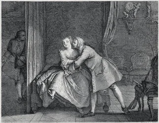 Øremakeren og formhylleillustrasjonen for Les contes de La Fontaine, ca. 1743”. gravering av Charles-Nicolas Cochin (1715-1790).
