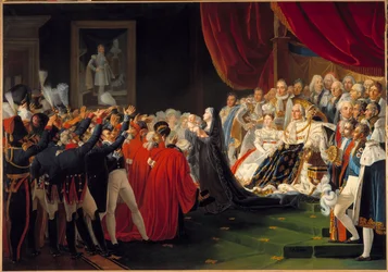 Hertuginnen av Berry presenterer sønnen hertugen av Bordeaux for folket og hæren: Marie Caroline de Bourbon Sicilia, hertuginne av Berry, presenterer sønnen hertugen av Bordeaux for folket og for hæren i nærvær av kong Louis XVIII, omgir