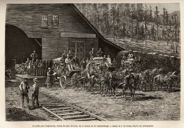 Reno-stasjonen, for å ta krysset for Virginia City (Nevada), på Central Pacific Railway (Central Pacific), gravert etter tegningen av O. de Penne, som illustrerer reisen fra Washington til San Francisco, i 1868, av L. Simonin, publisert i "Le t