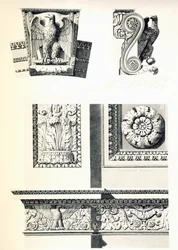 Dekorasjon med ørn, rosetter og akantusblader for Arc de Triomphe du Carrousel, av Charles Percier (1764-1838) og Pierre Francois Leonard Fontaine (1762-1853), gravering av Louis Pierre Baltard (1764-1846), detalj, Frankrike