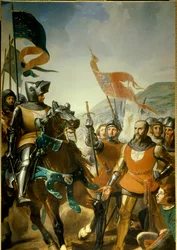 Hundreårskrig (1337-1453): detalj av "" slaget ved Cocherel, nær Evreux vunnet av Bernard du Guesclin (1320-1380) på troppene til kongen av Navarra, 16.05.1364"" Maleri av Charles Philippe Lariviere (1798-1876) rundt 1837 søn. 4,2x2,6m.