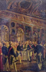 Senatet presenterer Louis Napoleon Bonaparte (1808-73) med resultatet av folkeavstemningen som utropte ham til keiser, i Saint-Cloud, 1. desember 1852, 1852-71