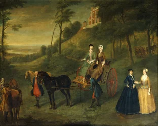 Ladies and Maids of Honor i Greenwich Park: Et gruppeportrett av Juliana, hertuginne av Leeds, Lady Charlotte Hamilton, Lady Isabella Tufton og Henrietta, grevinne av Pomfret, alle iført ridevaner, med brudgom og hester foran observatoriet, 173
