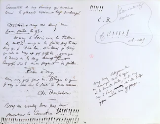 Siste side i et brev til Baudelaires redaktør Auguste Poulet-Malassis (1825-78) angående utgivelsen av 'Les Fleurs du Mal, ca. 20. februar 1857 (penn og blekk på papir)