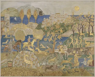 Hill Town, ca. 1928 (tempera, grafitt og bladgull på innskåret, gessoed panel)