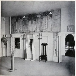Innvendig utsikt over en dekorativ kunstsalong i Wien, rundt 1900 (innredning og møbler av Charles Rennie og Margaret MacDonald Mackintosh)