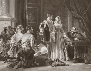 Lady Jane Greys motvilje mot å ta imot kronen, gravert av A.H. Payne (litho)