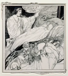 There She Lay, Looking So Beautiful, illustrasjon fra Briar Rose, The True Annals of Fairyland - The Reign of King Herla, pub. av J.M. Dent & Co. Ltd., 1900