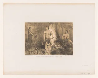 Menn, kvinne og barn i skogen kvener, eldste innbyggere i Nederland (tittel på objekt)