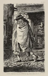 En kledd figur som går gjennom gaten (på pestens tid i London)