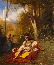 En algerisk kvinne og hennes tjener i en hage, 1844