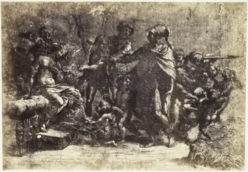 Fotoreproduksjon av en tegning av Raphael, scene med soldater, en naken kvinne og en engel
