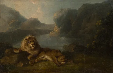 Lions in a Lakeside Landscape (olje på panel)