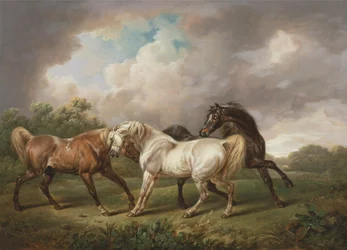 Tre hester i et stormfullt landskap (olje på lerret)