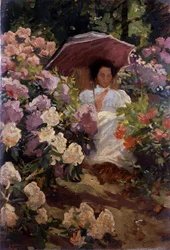 Jente med parasoll. Ung jente med parasoll i en blomstrende hage. Maleri av Charles Wellington Furse (1868–1904 engelsk) Privat samling