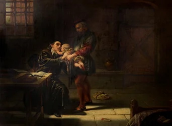The Martyrdom of Laurence Saunders i Coventry, sentralt, håndpanel av triptyk, 1851