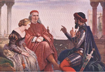 Frigjøringen til Desdemona (Othello) "Hvori jeg snakket om de mest katastrofale sjansene, for å flytte ulykker ved flom og felt" , fra The Complete Works of William Shakespeare pub.av J Coker & Co Ltd (farge litho)