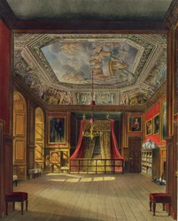 Queen Anne's Bed, Windsor Castle, fra 'Royal Residences', gravert av Thomas Sutherland (f.1785), pub. av William Henry Pyne (1769-1843), 1816 (akvatint)
