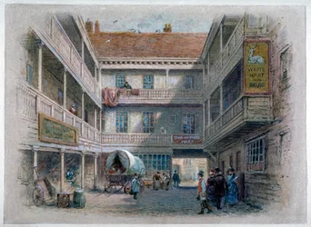 Gårdsplassen til White Hart Inn, Borough High Street, Southwark, London, c1860