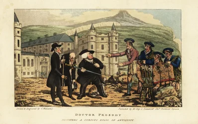 En skotsk murer forteller engelske turister at deres rustne gamle falchionsverd er en moderne klinge av Andrea Ferrara foran Holyrood Palace, Edinburgh