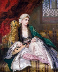 Orientalisme: Europeisk «orientalsk skjønnhet» iført turban og slør (tyrkisk stil) liggende med et musikkinstrument. Maleri av Charles Wynne Nicholls (1831–1903) (prerafaelitt) 1865