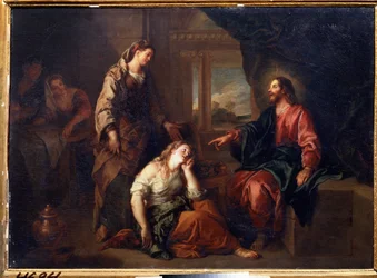 ""Kristus i Marta og Maria"" (Kristus i huset til Marta og Maria). Saint Martha, kvinnelig disippel av Jesus Kristus og hennes søster Marie de Bethanie. Maleri av Charles de La Fosse (1636-1716) Pushkin-museet, Moskva