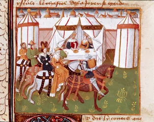 Ankomst av riddere ved festen gitt av kong Arthur og dronning Guenievre ved Camelot (Camaloth eller Camaaloth) Miniatyr hentet fra "" Romanesque du Chevalier Tristan"" av mester Charles av Maine 1440-1460. Chantilly, Conde-museet