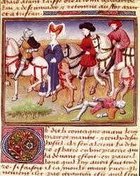 Dronning Iseult (eller Iseult) er en hest akkompagnert av miniatyrryttere hentet fra "" Romanesque du Chevalier Tristan"" av mester Charles av Maine 1440-1460. Chantilly, Conde-museet