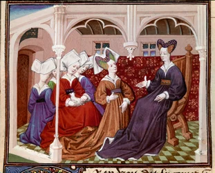 Dronning Iseult (eller Iseult) snakker med sine miniatyrkamerater fra "" Romance of the Knight Tristan"" av Master Charles of Maine 1440-1460. Chantilly, Conde-museet