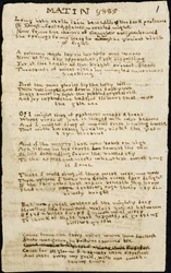 Dikt av Charlotte Brontë. Autografert renskriftskopi, med slettinger, av diktet «Matin». 12. november 1830, i Haworth, grevskap York: 1830. Haworth, grevskap York.
