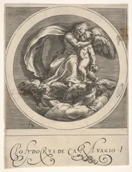 Jupiter, sittende over to ørner og omfavnende Amor, en rund komposisjon fra en serie..., ca. 1590.