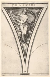 Spring Primavera representert som en kvinne som bærer en bølgende drapering og kranser..., ca. 1570-1615.
