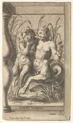 To tritoner som omfavner, den ene spiller en pannepipe, den andre holder et konkylie, satt innen ..., 1579.
