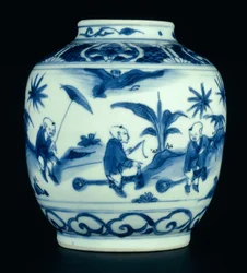 Blå og hvit krukke malt med gutter som leker på hobbyhester, Wanli eller Chongzheng, 1600-30 (porselen) (se 206093, 206095, 206096)