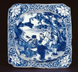 Blått og hvitt kosometsuke firkantet fat malt med Shoulao og andre udødelige, Tianqi, 1621-27 (porselen)