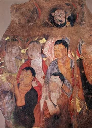 Buddhisme: ""Gruppe av munker og Bodhisattvaer"" (eller bodhisatta) (Bodhisattvaer og munker) Fragment av freskomaleri fra 800-tallet fra det kinesiske klosteret Shiksha. Mål 144x101 cm Eremitagemuseet, St. Petersburg