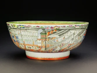 Skål, dekorert i mandarinpalett med en scene av sangene i Canton, Qianlong-perioden, ca. 1770 (porselen) (se 205912)