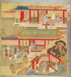 Keiser Hsuan Tsung (712-756 e.Kr.) hjemme, fra en historie med kinesiske keisere (farge på silke)