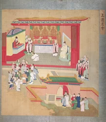 Keiser Hui Tsung (r.1100-26) øver med den buddhistiske sekten Tao-See, fra en historie om keiserne i Kina (farge på silke)