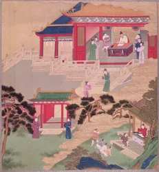 Keiser Tai Tsung (r.762-779) leser en medisinsk bok, fra en historie med kinesiske keisere (farge på silke)