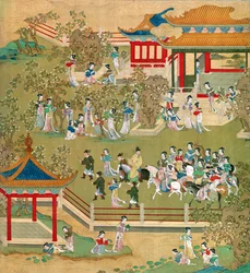 Keiser Yang Ti (581-618) spaserer i hagene sine med konene sine, fra en historie med kinesiske keisere (farge på silke) (se også 176855)